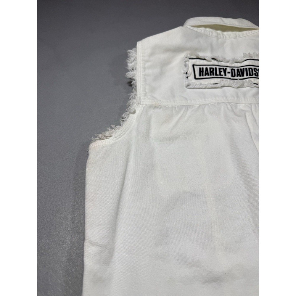 100% Cotton Harley Davidson Embroidered Women's White Cut Off Vest Size L Moto - Picture 7 of 10